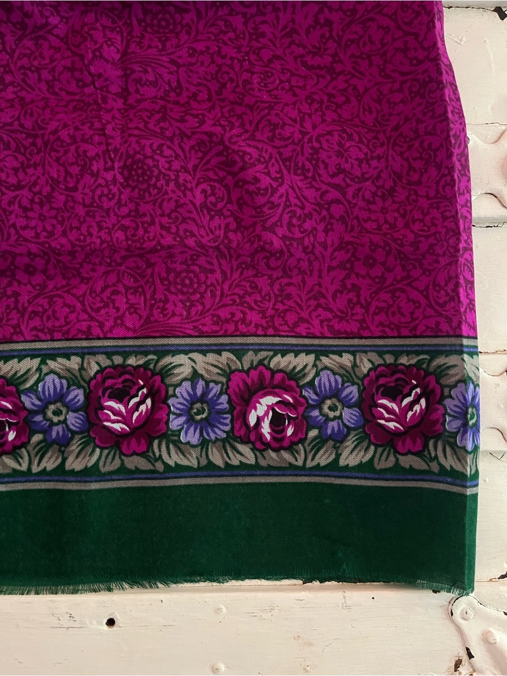 Vintage Magenta Floral Border Scarf with Green Trim